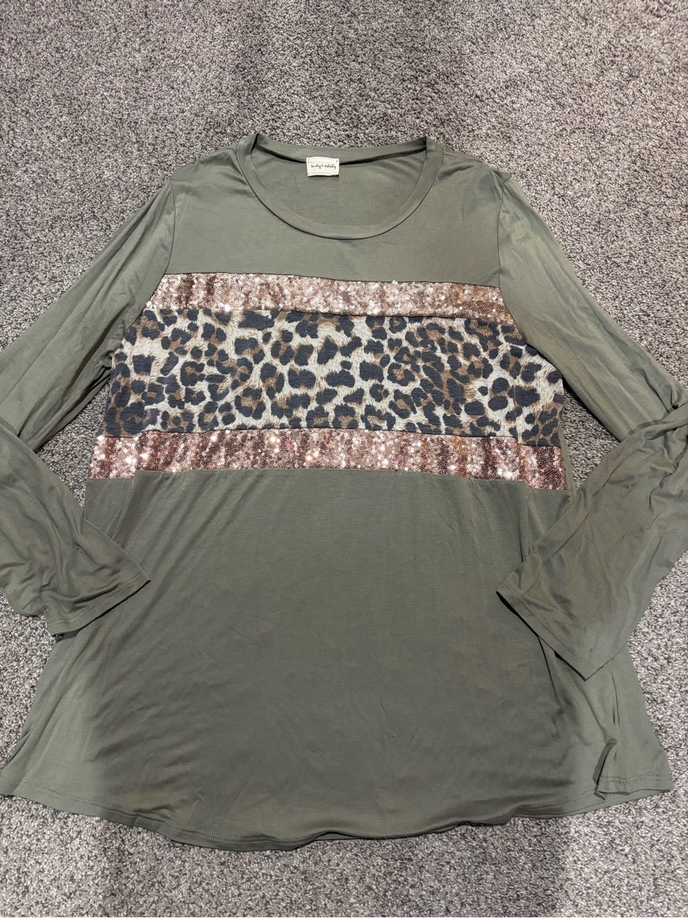 Olive Green Long Sleeve Top with Leopard & Sequin Trim